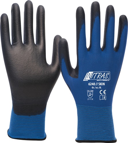 Handschuhe Nitras Skin Gr.9 blau/schwarz EN 388 PSA II Nyl.m.PU NITRAS